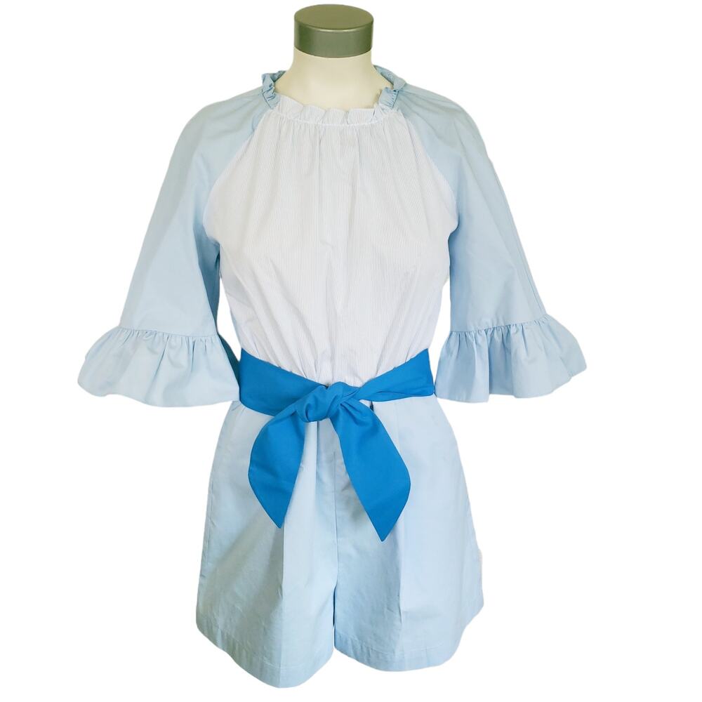 SANDRO Rosalyn colorblock pinstripe ruffle romper in blue sky Size 36 S 4 6 NEW